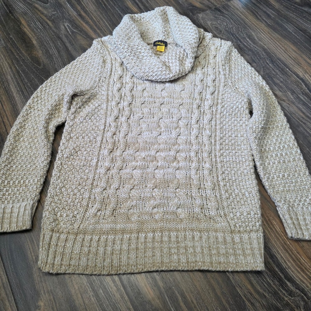 Cabelas Womens Tan Cable Knit Cowl Neck Sweater Small L77SW099 Made in USA